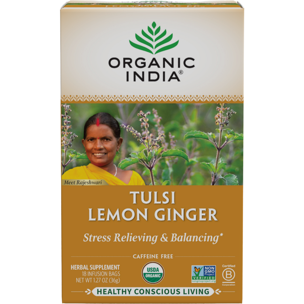 Tulsi Lemon Ginger, 1.27 Ounce (36 g) 18 Tea Bags , Ayurveda Brand_Organic India Form_Tea Bags Size_18 Count