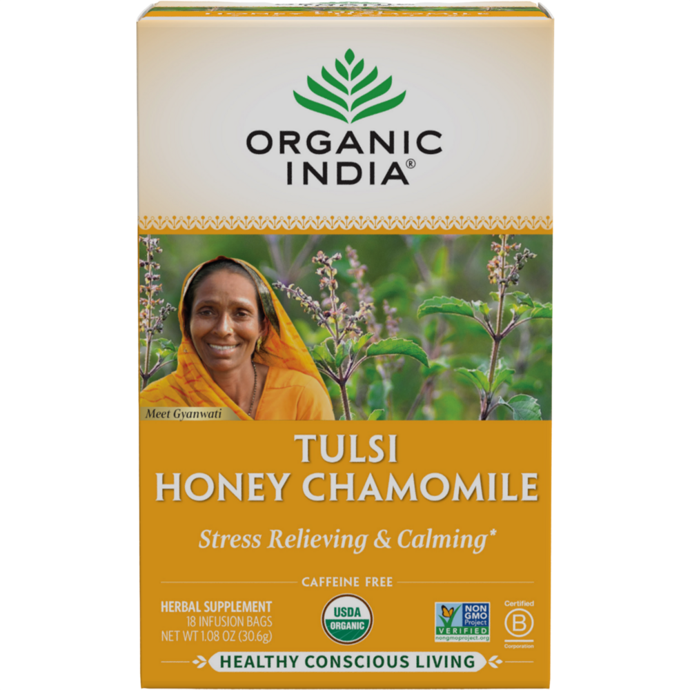 Tulsi Honey Chamomile, 1.08 Ounce (30.6 g) 18 Tea Bags , Ayurveda Brand_Organic India Form_Tea Bags Size_18 Count