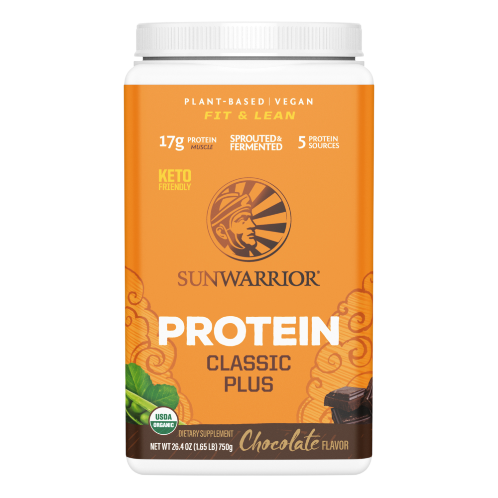 Organic Plant-Based Classic Plus Protein, 17 g of Protein per Serving from 5 Sprouted & Fermented Protein Sources, Chocolate Flavor, 1.65 Lb (750 g) Powder , Brand_Sunwarrior Flavor_Chocolate Form_Powder Potency_17 g Size_750 g