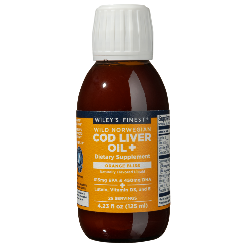 Wild Norwegian Cod Liver Oil+, Orange Bliss Flavor, 125 mL Liquid , Brand_Wiley's Fish Oil Form_Liquid Size_125 mL
