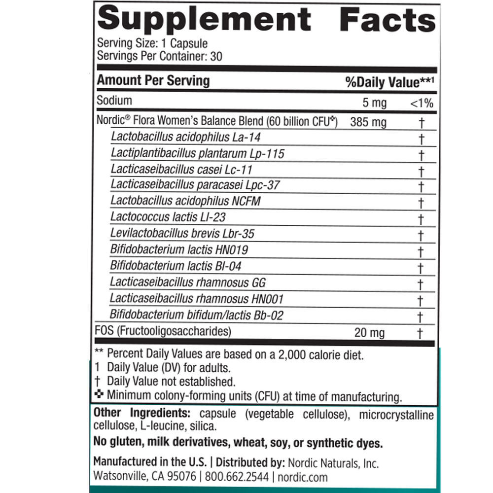 Nordic Flora Probiotic Women's Balance - supplement facts label