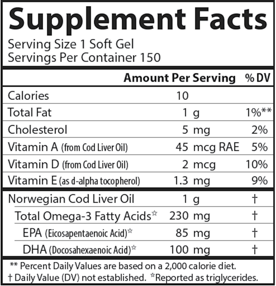 Cod Liver Oil Low Vitamin A Lemon, 150 Softgels