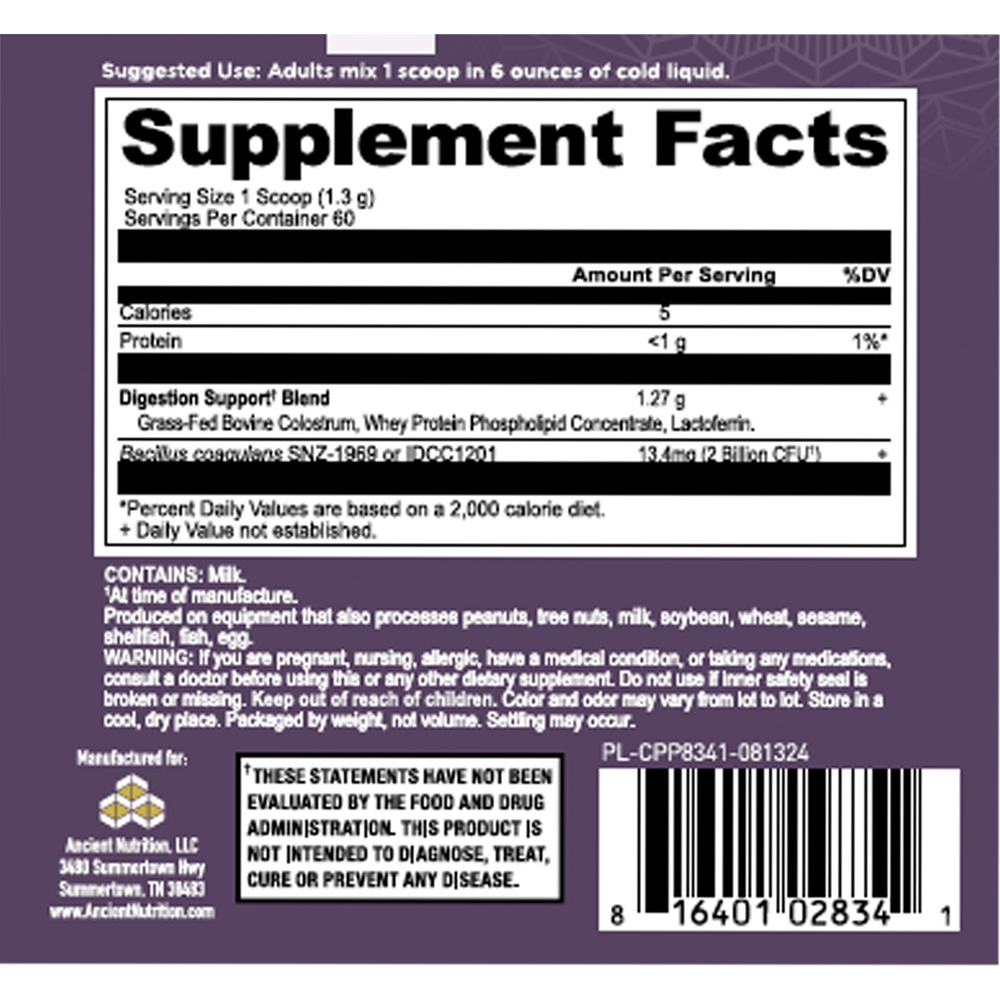 Ancient Nutrition Colostrum Powder Gut and Immune System Health, Unflavored - supplement facts