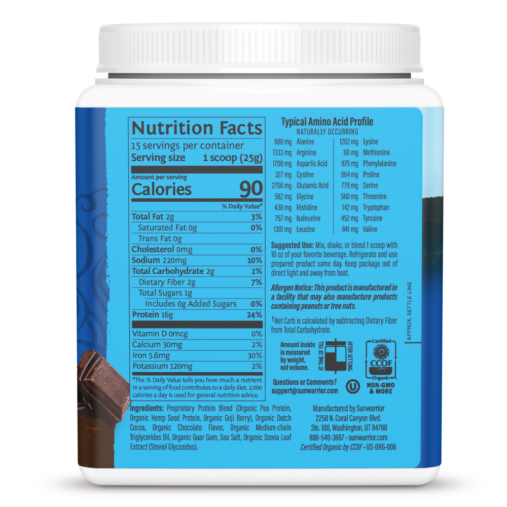 Warrior Blend Chocolate, 375 g Powder , Brand_Sunwarrior Flavor_Chocolate Form_Powder Potency_16 g Size_375 g