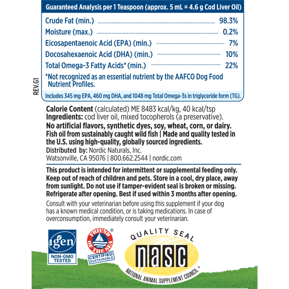 Nordic Naturals Pet Cod Liver Oil Liquid Plain - supplement facts label