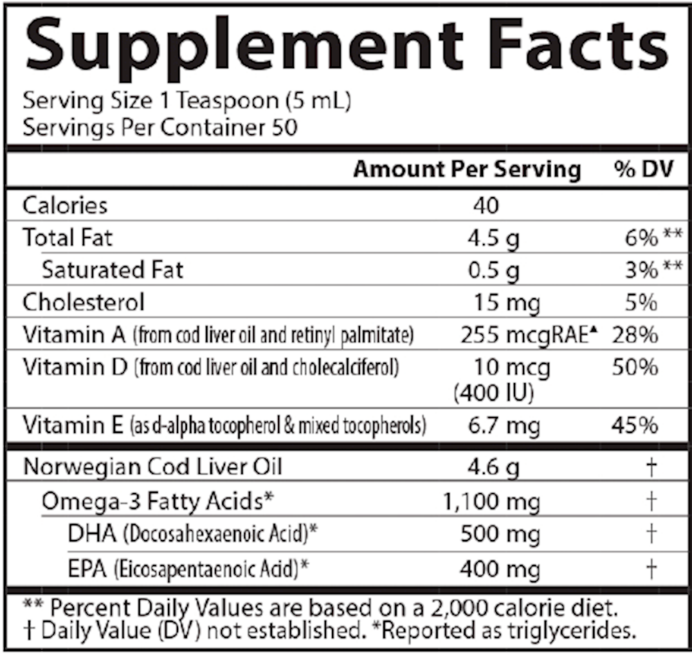 Cod Liver Oil, 1100 mg of Omega-3, Lemon Flavor, 8.4 Fl Oz (250 mL) Liquid