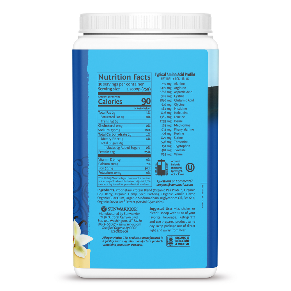Organic Plant-Based Warrior Blend Protein, 27 g of Protein per Serving with 6 g of BCAAs and MCTs, Vanilla Flavor, 1.65 Lb (750 g) Powder , Brand_Sunwarrior Flavor_Vanilla Form_Powder Potency_17 g Size_750 g