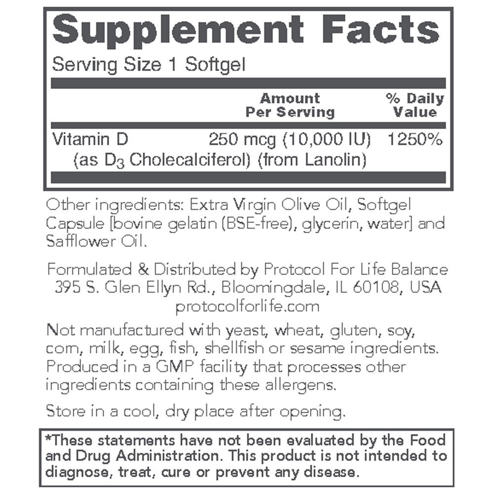 Vitamin D3 10,000IU, 120 Softgels , Brand_Protocol for Life Balance Form_Softgels Requires Consultation Size_120 Softgels softgels