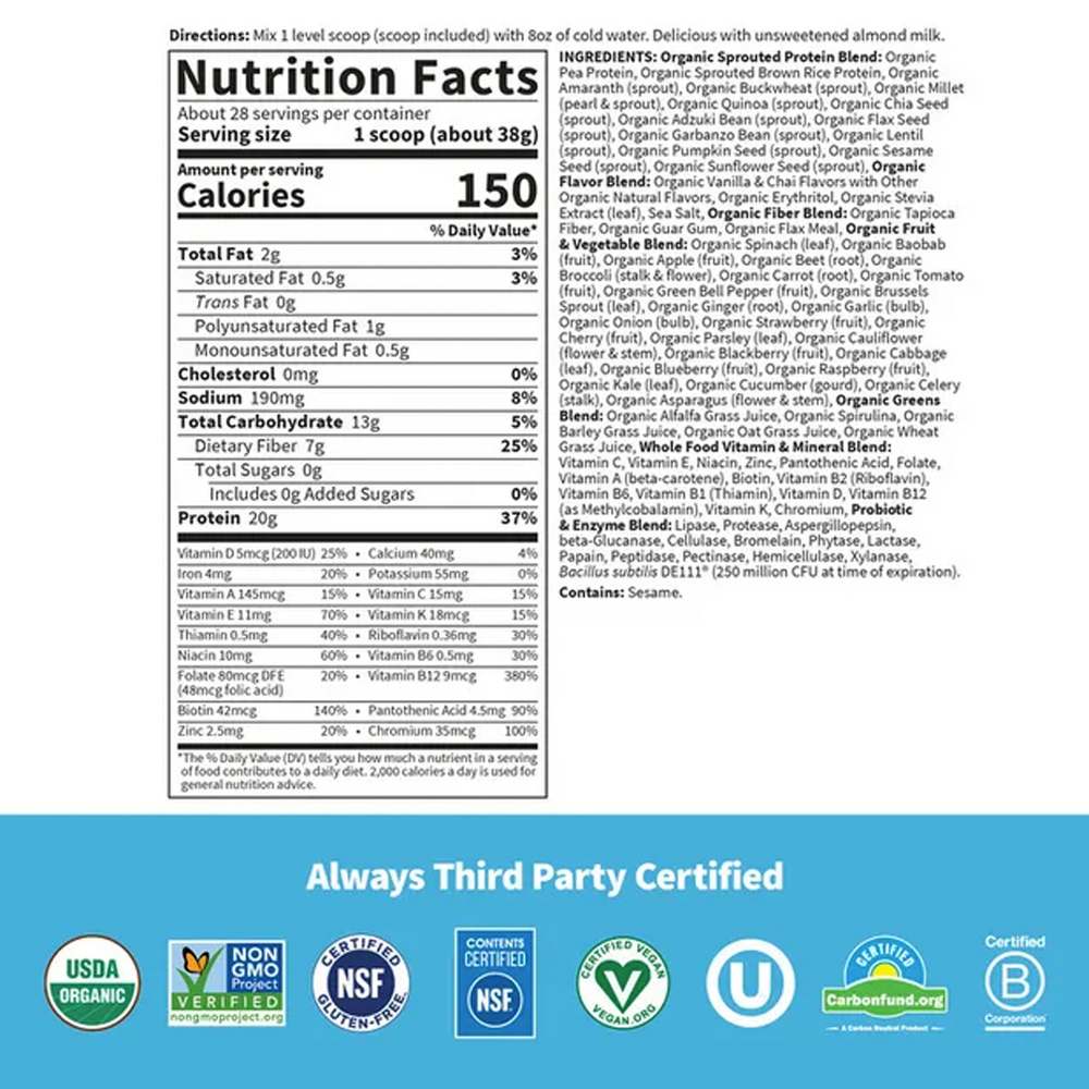 Raw Organic Meal Shake & Meal Replacement, Vanilla Spiced Chai, 32 Oz (907 g) Powder