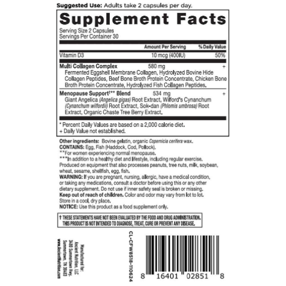 Ancient Nutrition Menopause Support + Collagen - supplement facts