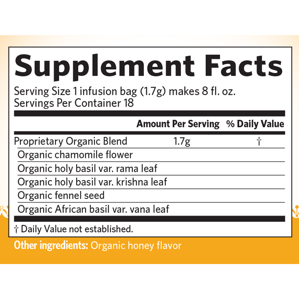 Tulsi Honey Chamomile, 1.08 Ounce (30.6 g) 18 Tea Bags , Ayurveda Brand_Organic India Form_Tea Bags Size_18 Count
