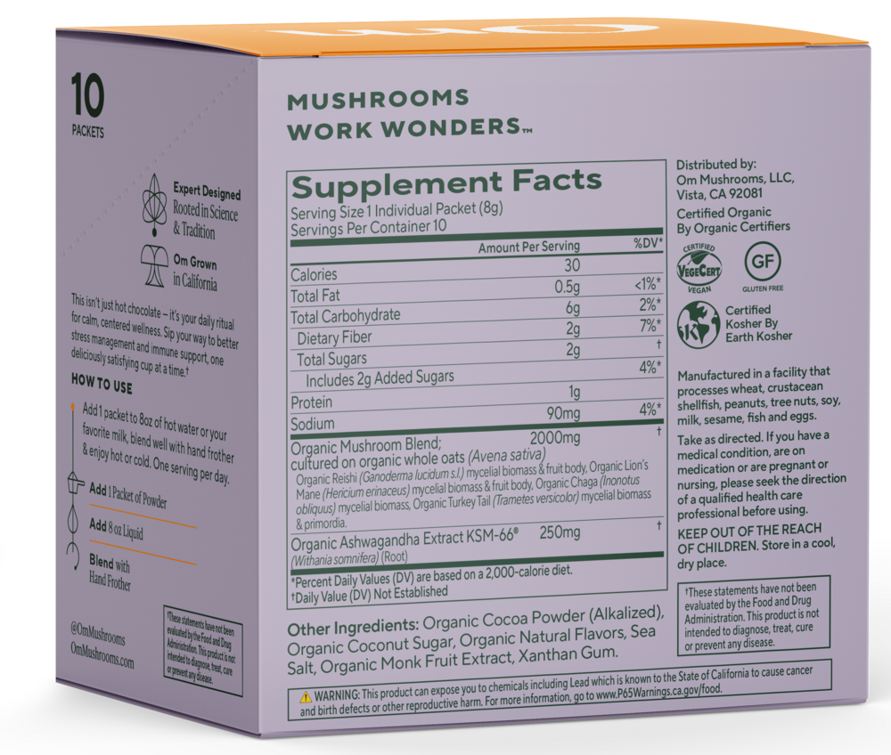 Mushroom Powered Hot Chocolate, 10 Packets , Form_Packets