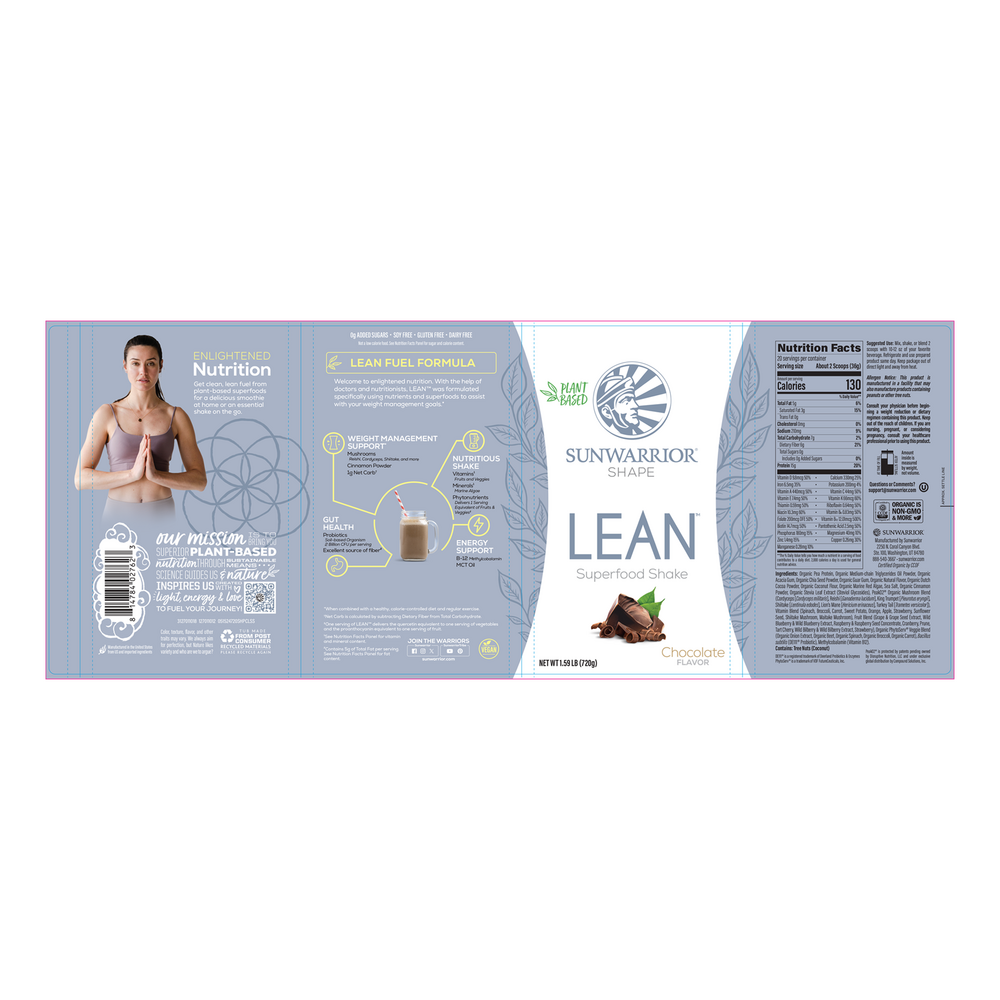 Lean Superfood Shake Chocolate, 720 g Powder , Brand_Sunwarrior Flavor_Chocolate Form_Powder Potency_15 g Size_720 g