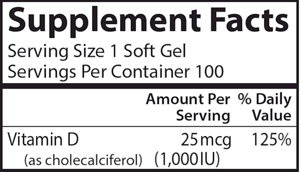 Vitamin D3 1,000 IU (25 mcg), 100 Softgels