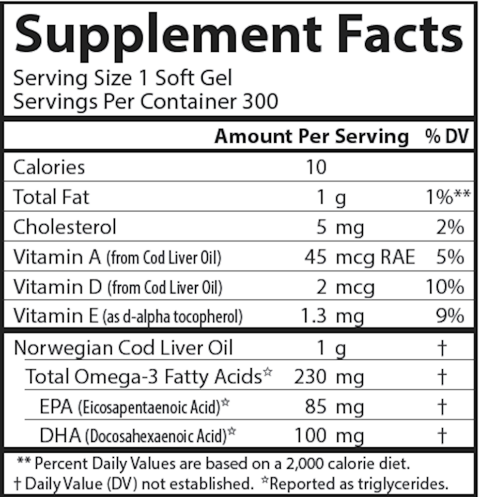 Cod Liver Oil Low Vitamin, 300 Softgels