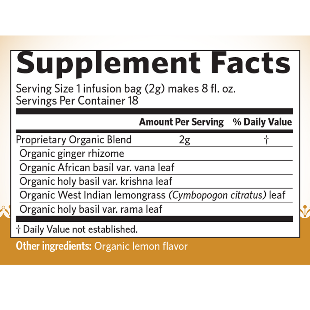 Tulsi Lemon Ginger, 1.27 Ounce (36 g) 18 Tea Bags , Ayurveda Brand_Organic India Form_Tea Bags Size_18 Count