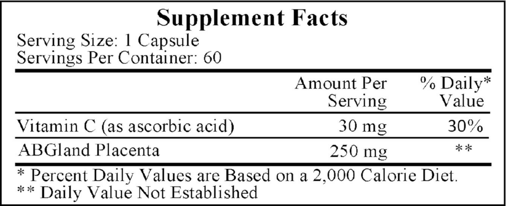 Placenta (Lypholized 250mg), 60 Capsules