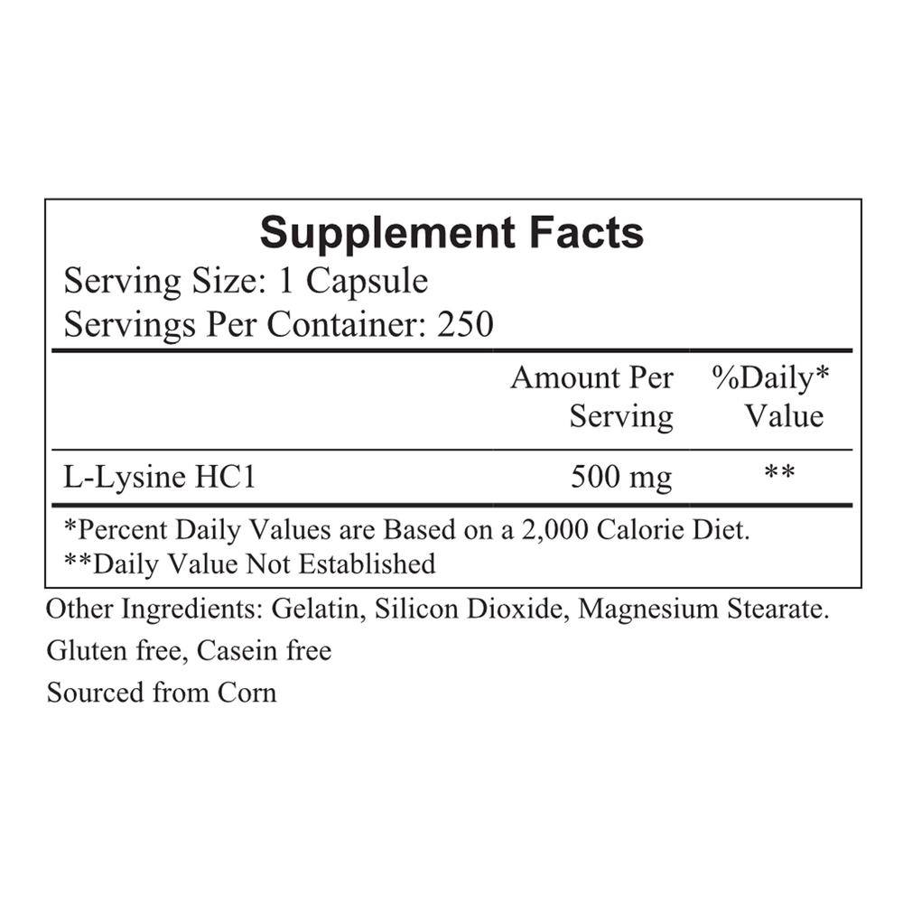 L-Lysine 500mg, 250 Capsules
