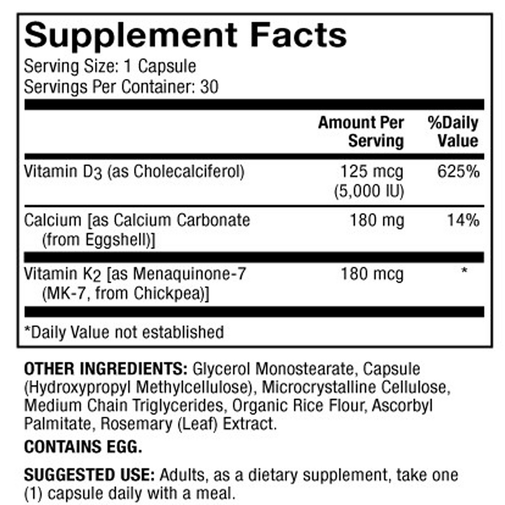 Calcium with Vitamins D3 and K2, 30 Capsules