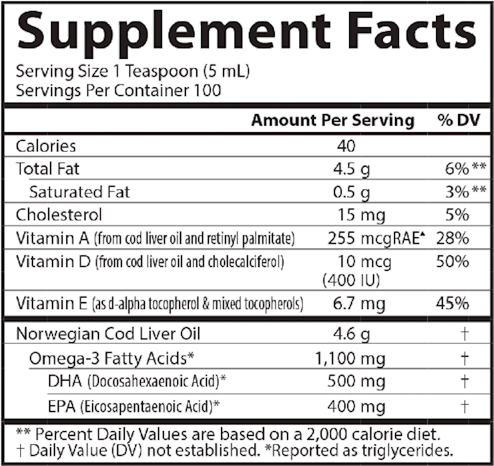 Cod Liver Oil, 1100 mg of Omega-3, 16.9 Fl Oz (500 mL) Liquid