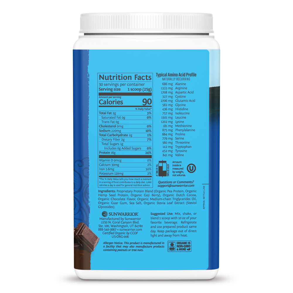 Organic Plant-Based Warrior Blend Protein, 25 g of Protein per Serving with 6 g of BCAAs and MCTs, Chocolate Flavor, 1.65 Lb (750 g) Powder , Brand_Sunwarrior Flavor_Chocolate Form_Powder Potency_16 g Size_750 g