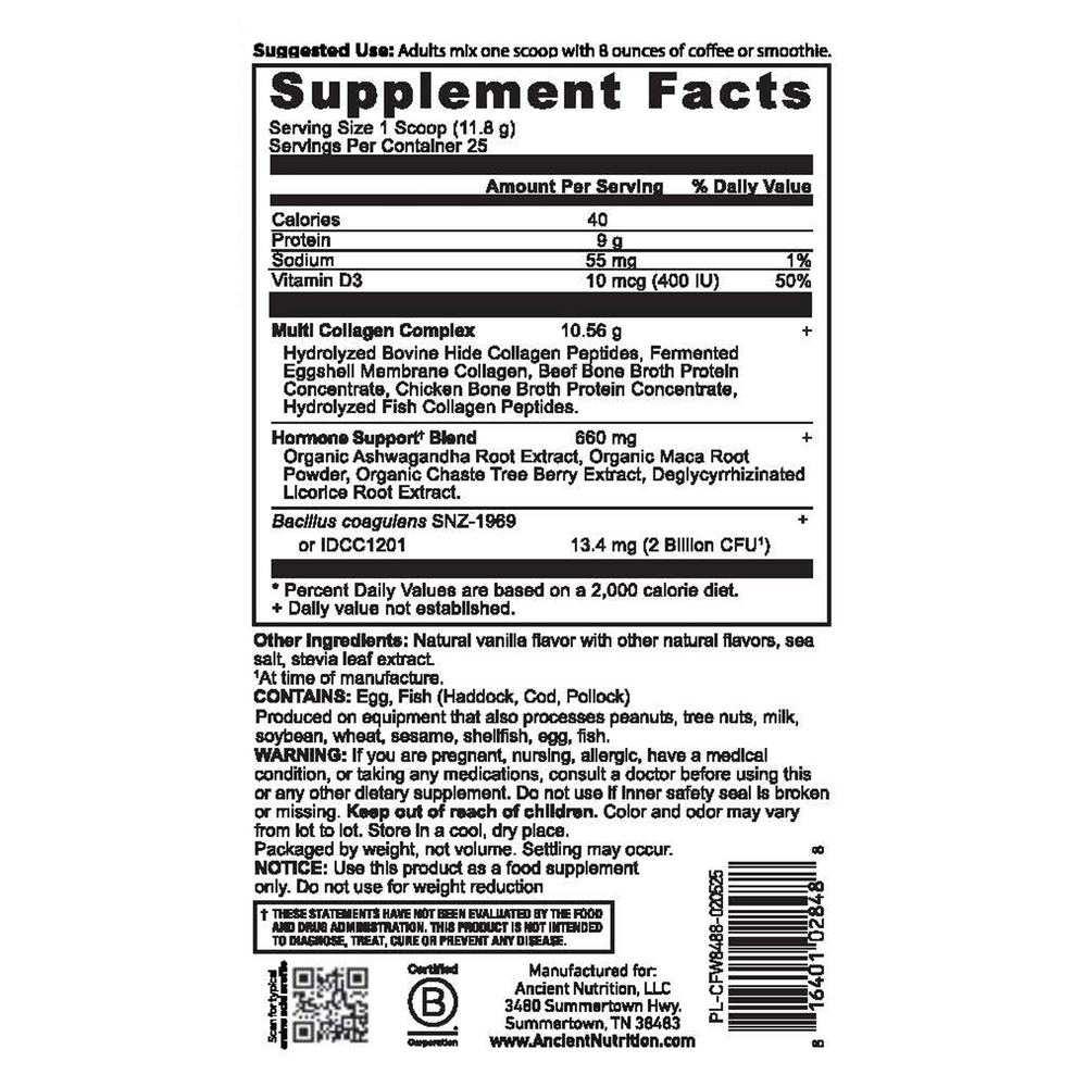 Ancient Nutrition Hormone Balance + Collagen Powder - supplement facts