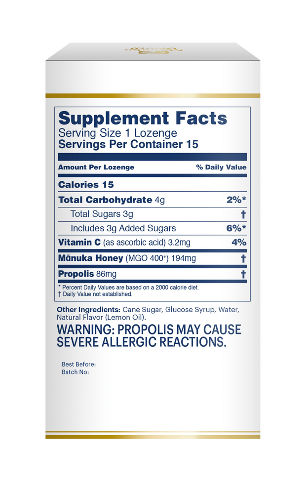 Manuka Honey Lozenges with Propolis, Natural Honey Flavor, 15 Lozenges