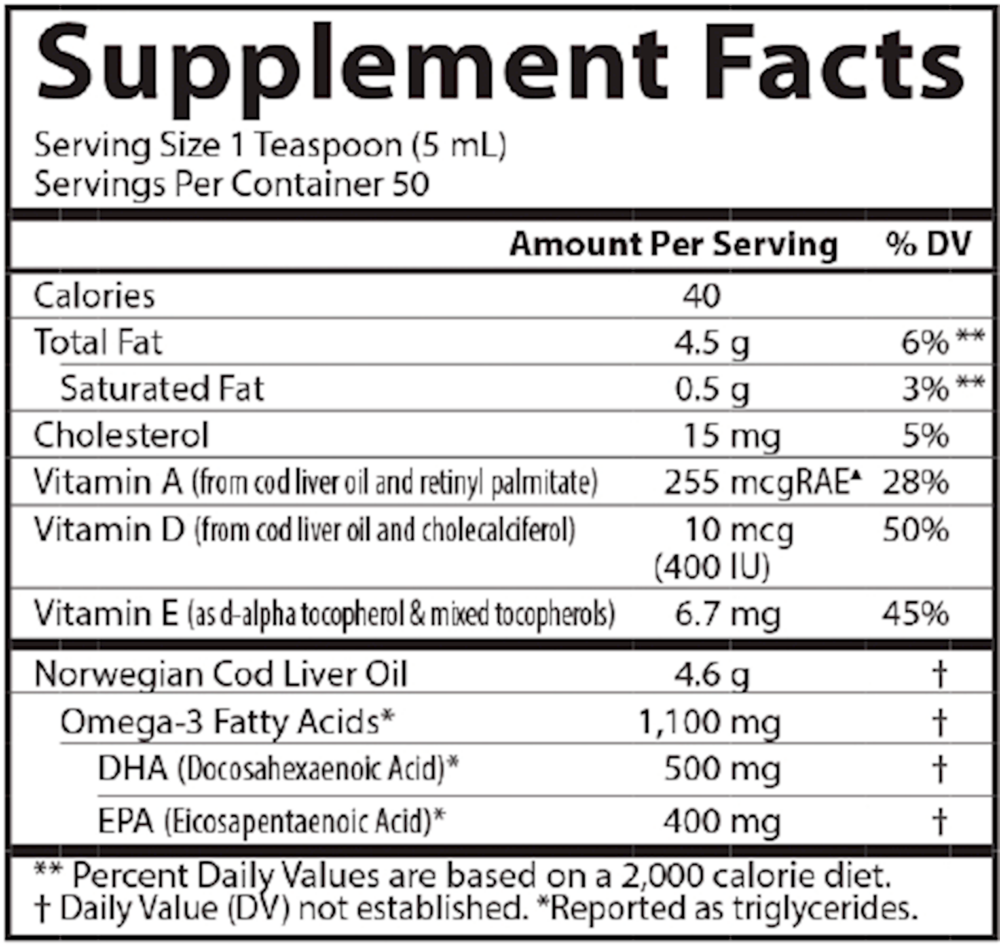 Cod Liver Oil, 1100 mg of Omega-3, 8.4 Fl Oz (250 mL) Liquid