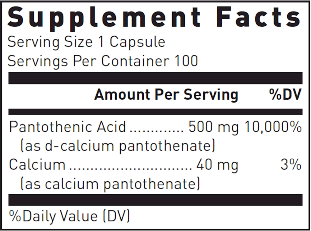 Pantothenic Acid 500mg, 100 Capsules
