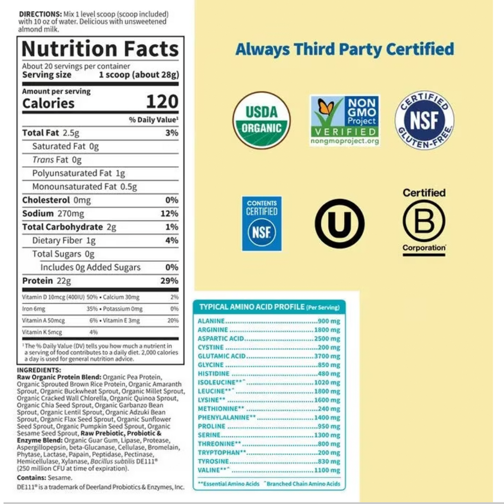 Raw Organic Protein Powder, Unflavored, 19.75 (560 g) Oz