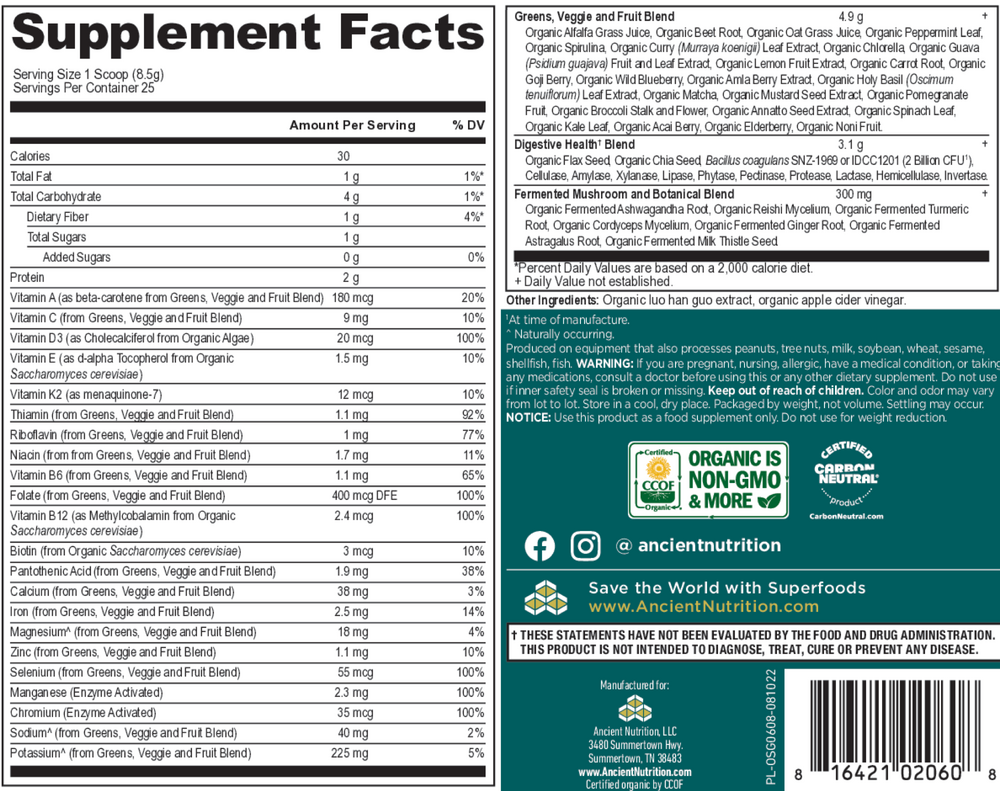 Ancient Nutrition Organic SuperGreens + Multivitamin - Powder - supplement facts