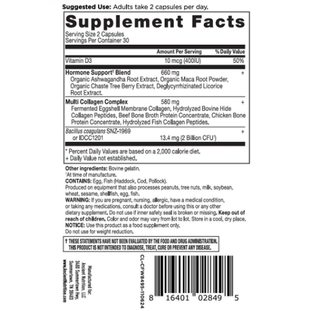 Ancient Nutrition Hormone Balance + Collagen - supplement facts
