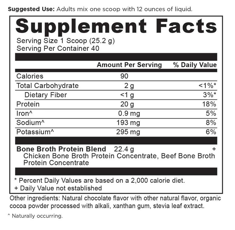 Ancient Nutrition Bone Broth Protein Chocolate 40srv - supplement facts