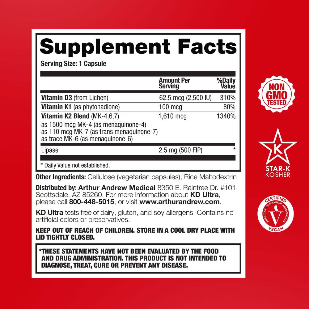 Arthur Andrew Medical KD Ultra, Full Spectrum K2 and Vegan D3 - supplement facts
