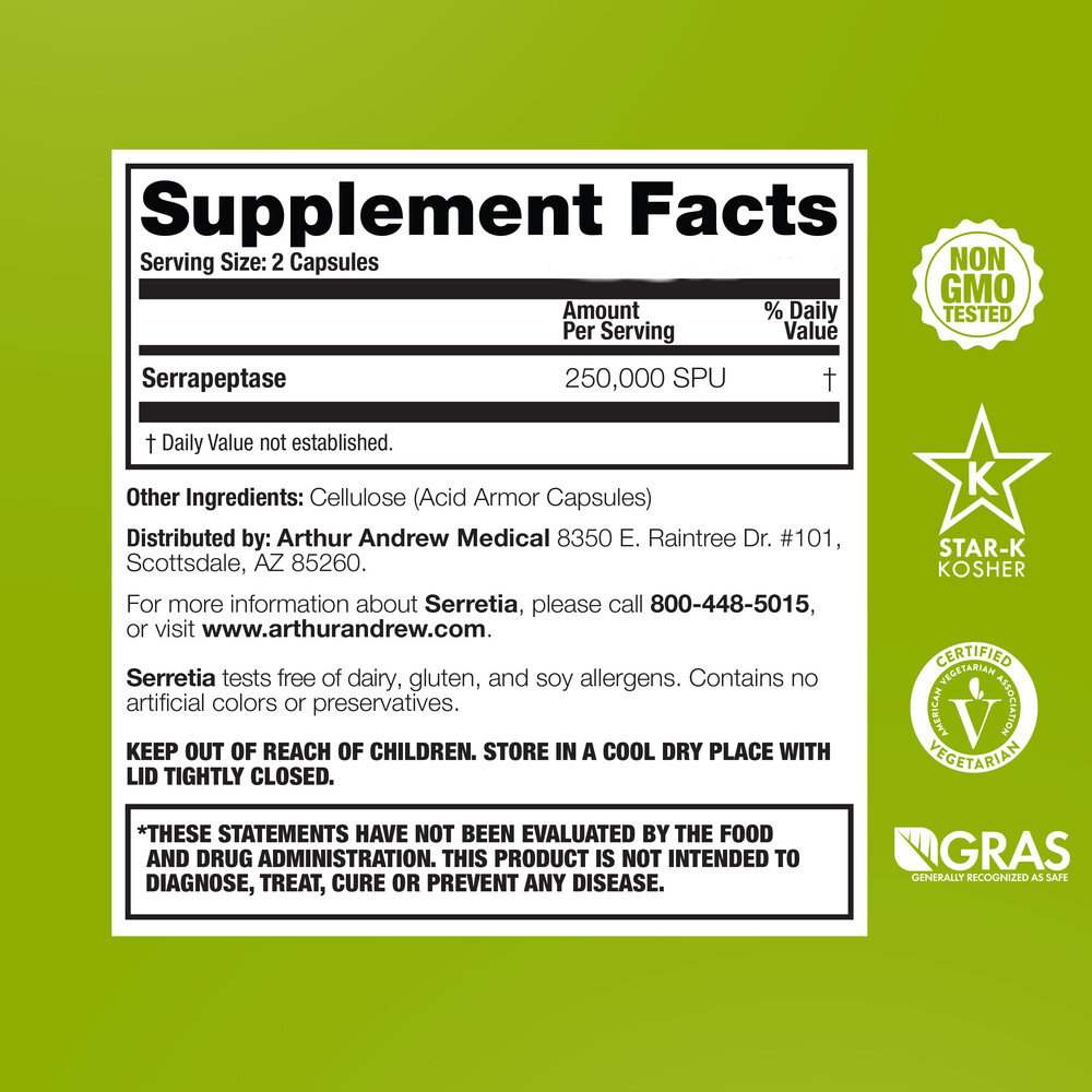 Arthur Andrew Medical Serretia - Pure Serrapeptase 250,000 SPU - supplement facts