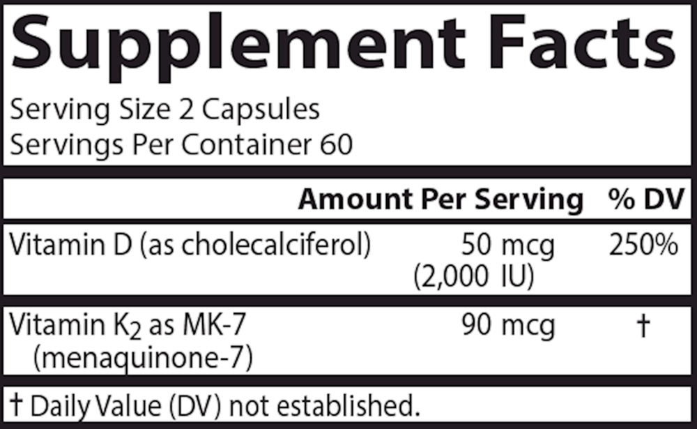 Vitamin D3 + K2, 50 mcg & 90 mcg, 120 Capsules