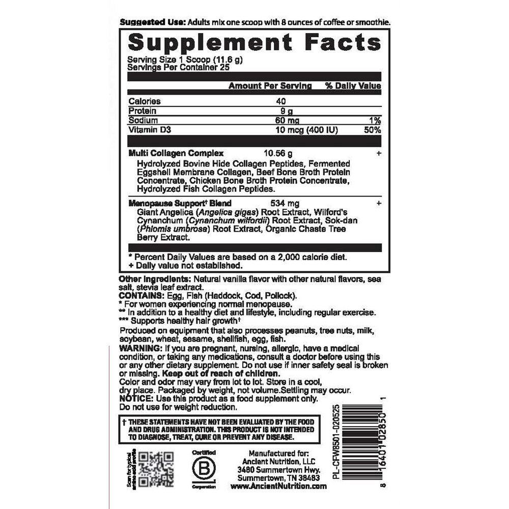 Ancient Nutrition Menopause Support + Collagen - Vanilla - supplement facts