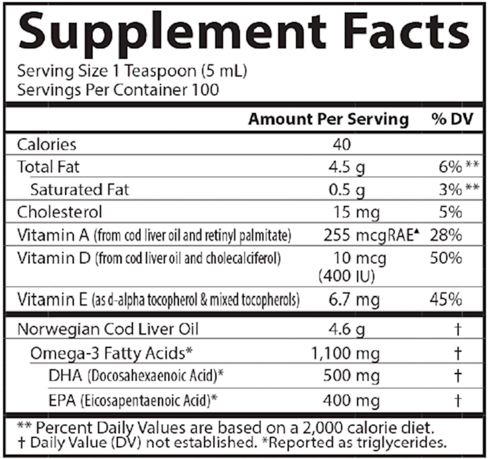 Cod Liver Oil, 1100 mg of Omega-3, Lemon Flavor, 16.9 Fl Oz (500 mL) Liquid