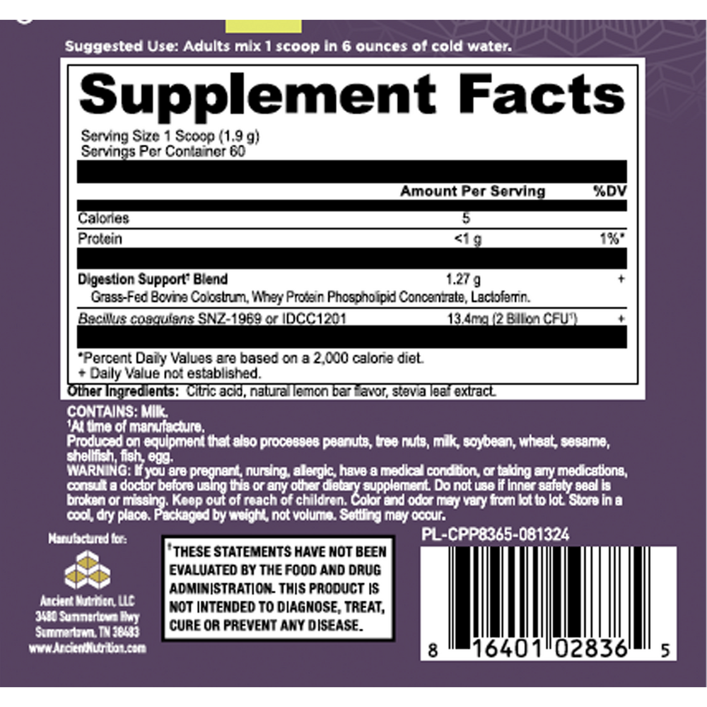 Ancient Nutrition Colostrum Powder Gut and Immune System Health, Lemon Bar - supplement facts