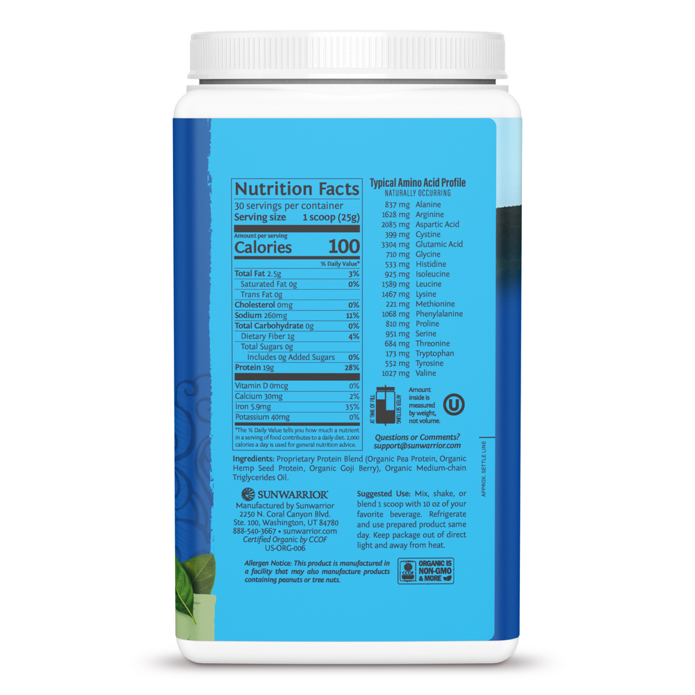 Organic Plant-Based Warrior Blend Protein, 28 g of Protein per Serving with 6 g of BCAAs and MCTs, Unflavored, 1.65 Lb (750 g) Powder , Brand_Sunwarrior Flavor_Unflavored Form_Powder Potency_19 g Size_750 g
