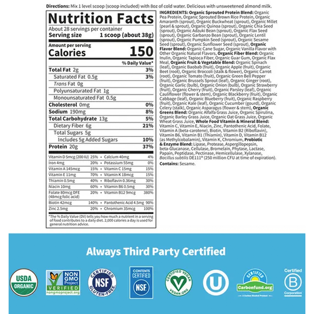 Raw Organic Meal Shake & Meal Replacement, Lightly Sweet Flavor, 28 Servings