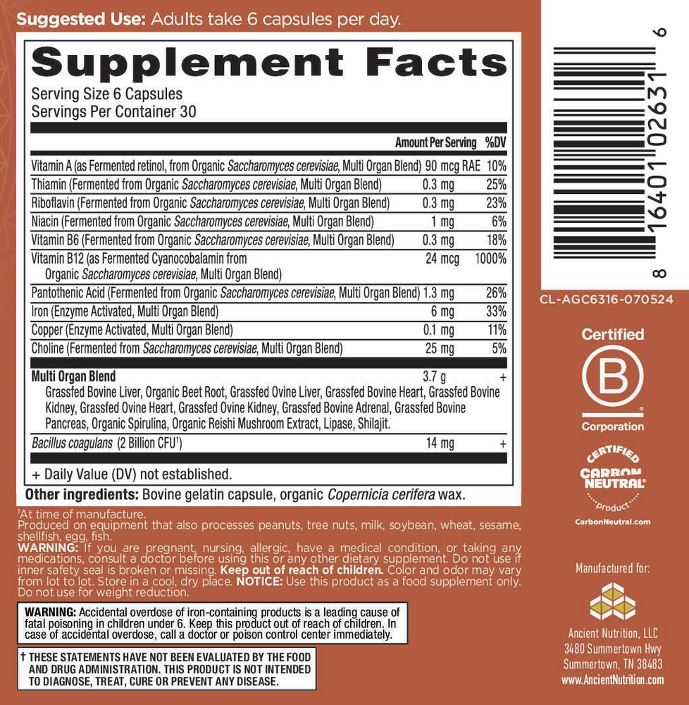 Ancient Nutrition Organs Blend - supplement facts