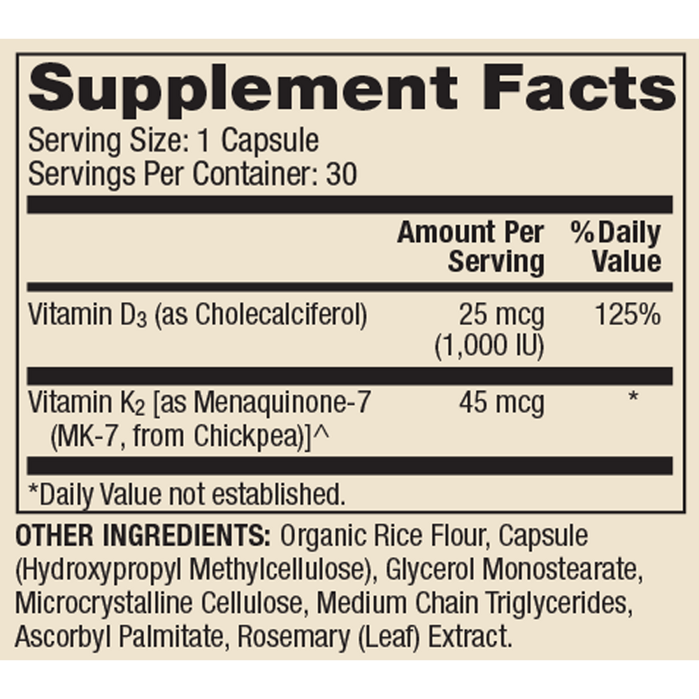Vitamins D3 and K2, 30 Capsules