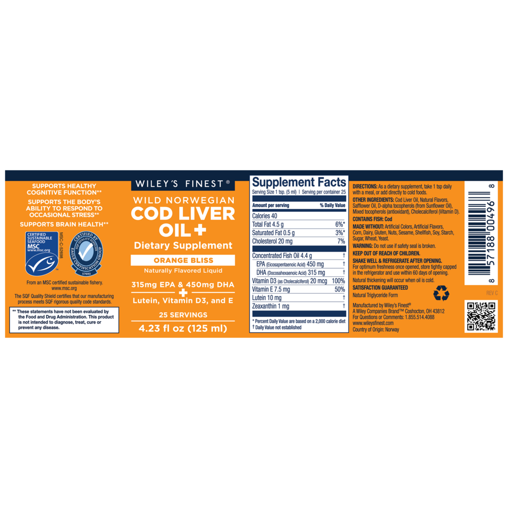 Wild Norwegian Cod Liver Oil+, Orange Bliss Flavor, 125 mL Liquid , Brand_Wiley's Fish Oil Form_Liquid Size_125 mL
