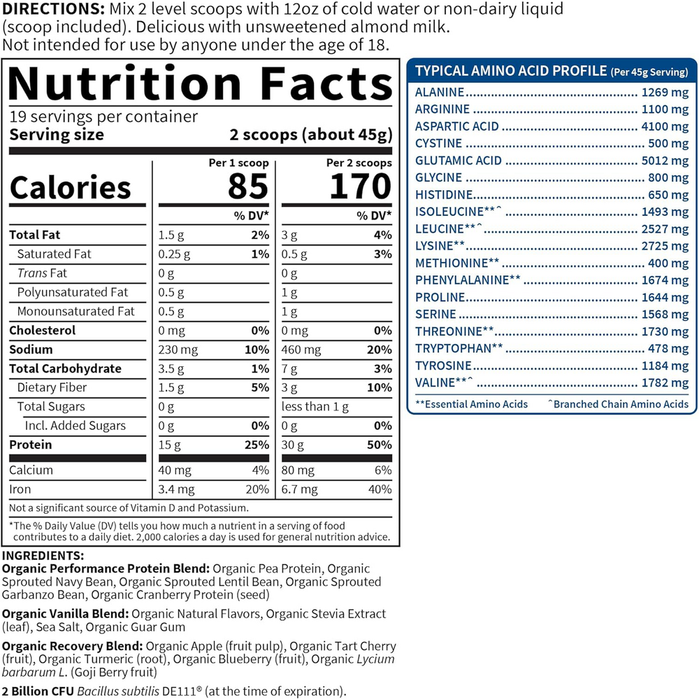 SPORT Organic Plant-Based Protein, Vanilla, 855g