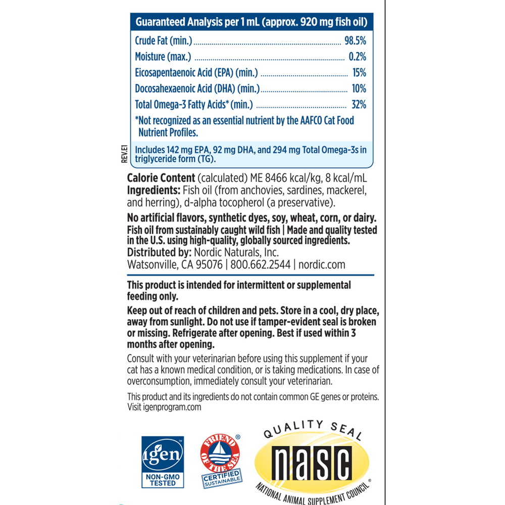 Nordic Naturals Omega-3 Cat - supplement facts label