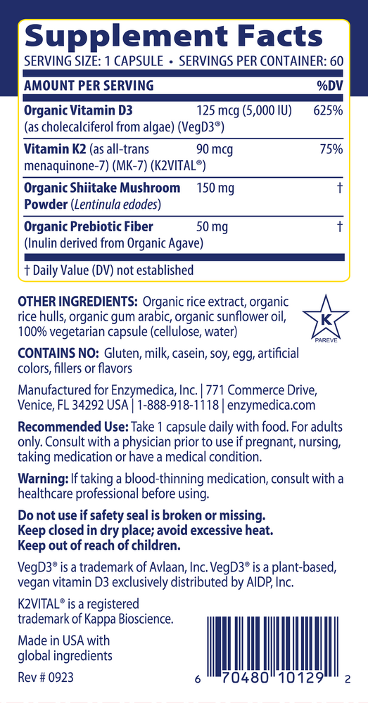 Organic Vitamin D3+K2, 60 Capsules