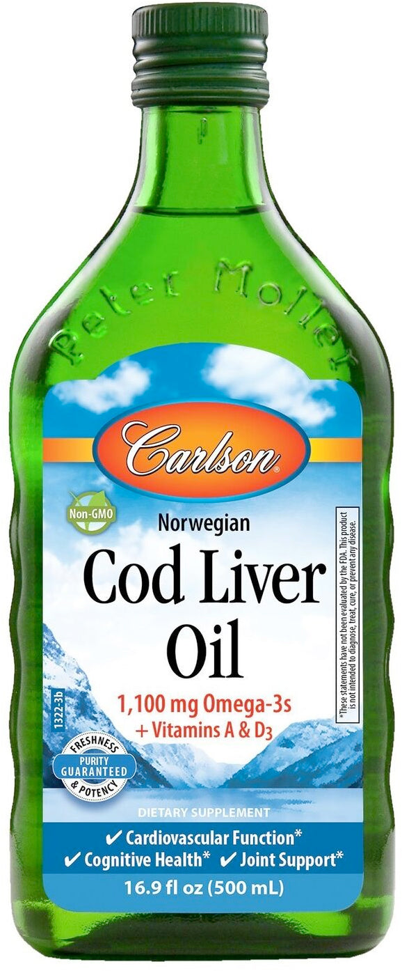 Cod Liver Oil, 1100 mg of Omega-3, 16.9 Fl Oz (500 mL) Liquid , Brand_Carlson Labs liquid Potency_100 mg Size_16.9 Fl Oz