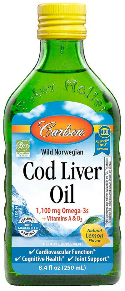 Cod Liver Oil, 1100 mg of Omega-3, Lemon Flavor, 8.4 Fl Oz (250 mL) Liquid , Brand_Carlson Labs Flavor_Lemon liquid Potency_100 mg Size_8.4 Fl Oz