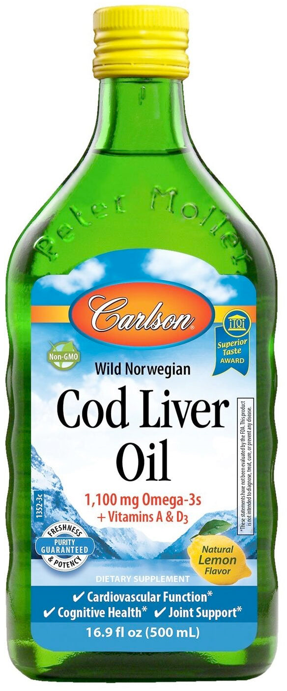 Cod Liver Oil, 1100 mg of Omega-3, Lemon Flavor, 16.9 Fl Oz (500 mL) Liquid , Brand_Carlson Labs Flavor_Lemon liquid Potency_100 mg Size_16.9 Fl Oz